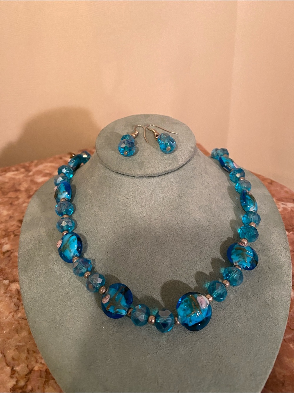 Beach -Themed Lampwork Glass Necklace and Earring Set/ Aqua Crystal Beads